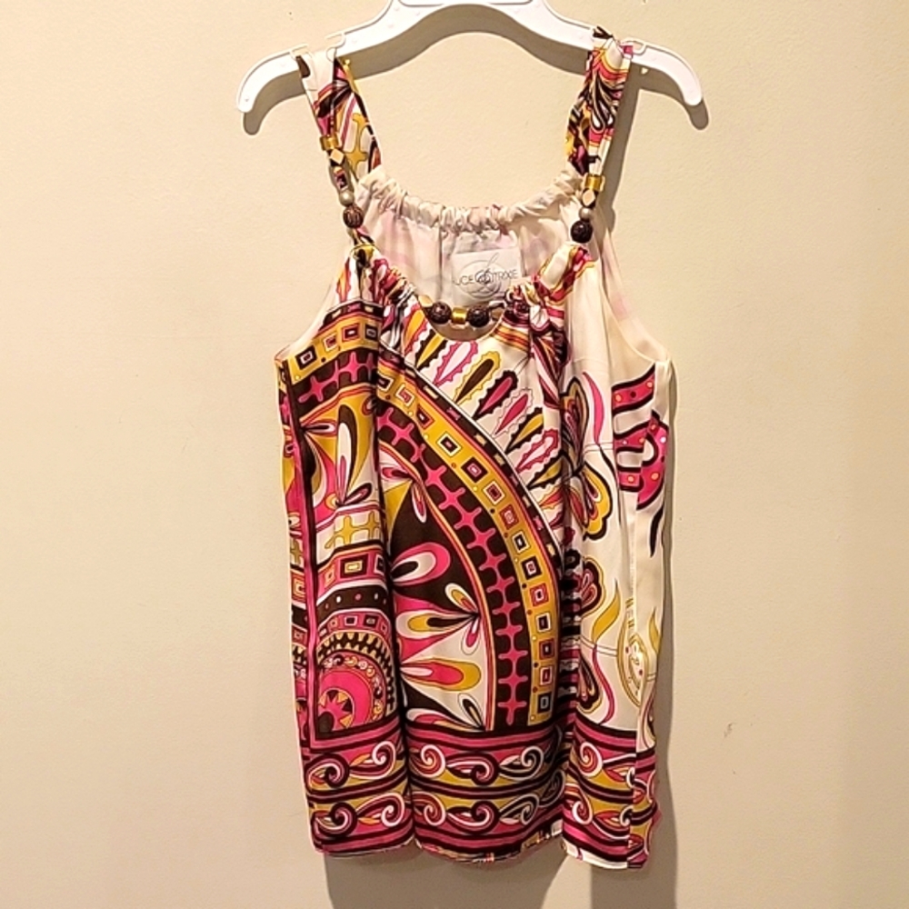 Alice & Trixie Pink, Yellow & Cream Beaded Strap Printed Tank Top- Gorgeous!